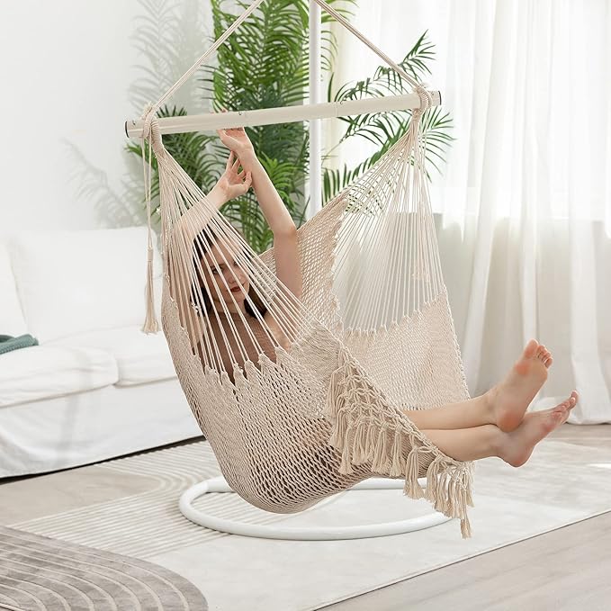 Hammock Chair，Max 330lbs, Large Hanging Chair, Soft Cotton Rope Swing Chair with High Load-Bearing Metal Rod,Indoor Outdoor Garden Yard Living Room Use