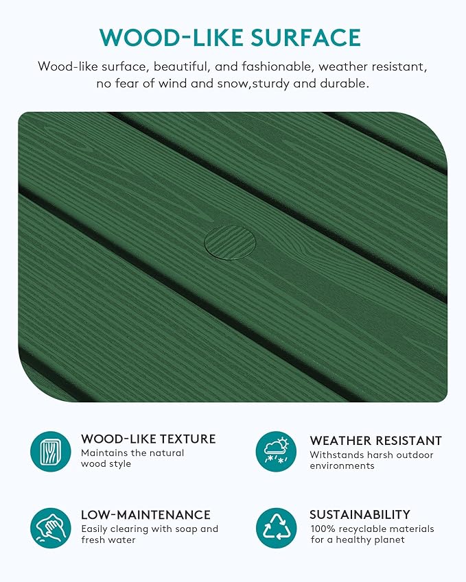 SERWALL Outdoor Coffee Table with 9FT Umbrella, HDPE Patio Coffee Table for Outside, Rectangle, Green(Not Include Umbrella Base)