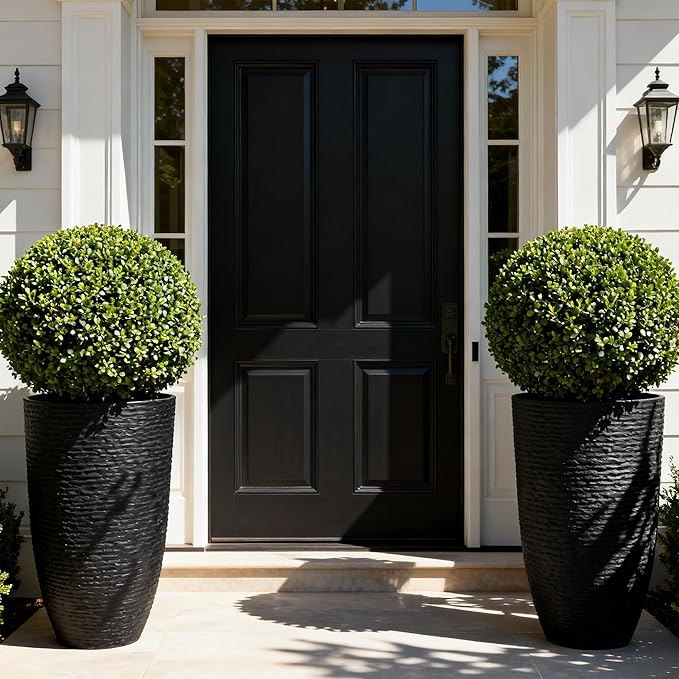 WORTH Garden 21" H Tall Planters 2 Pack - 14'' Dia Resin Large Round Black Flower Pots for Outdoor Plants Trees - Imitation Stone Finish Plastic Indoor Front Porch 9 Gallon Decorative Container Patio