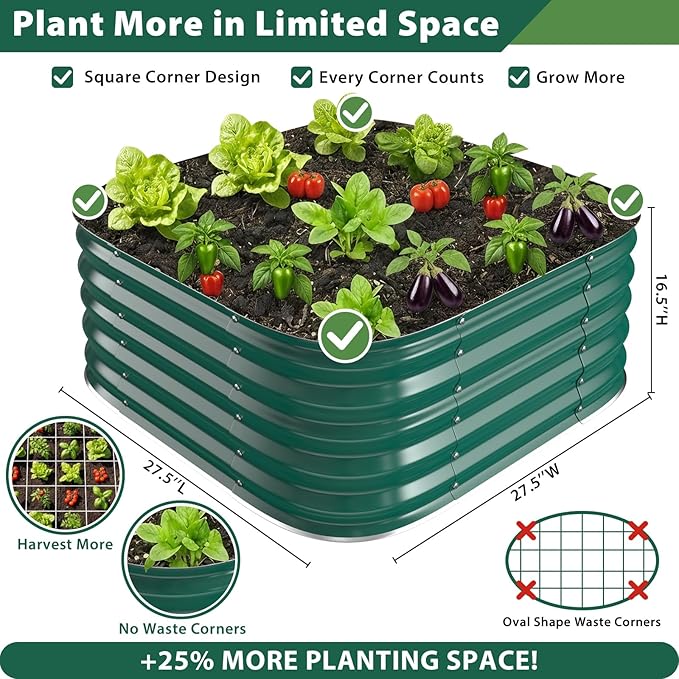 Galvanized Raised Garden Bed Outdoor, 17''Tall Square Metal Planter Boxes,Gardening Beds for Vegetable,Flower,Herb,Modular Above Ground