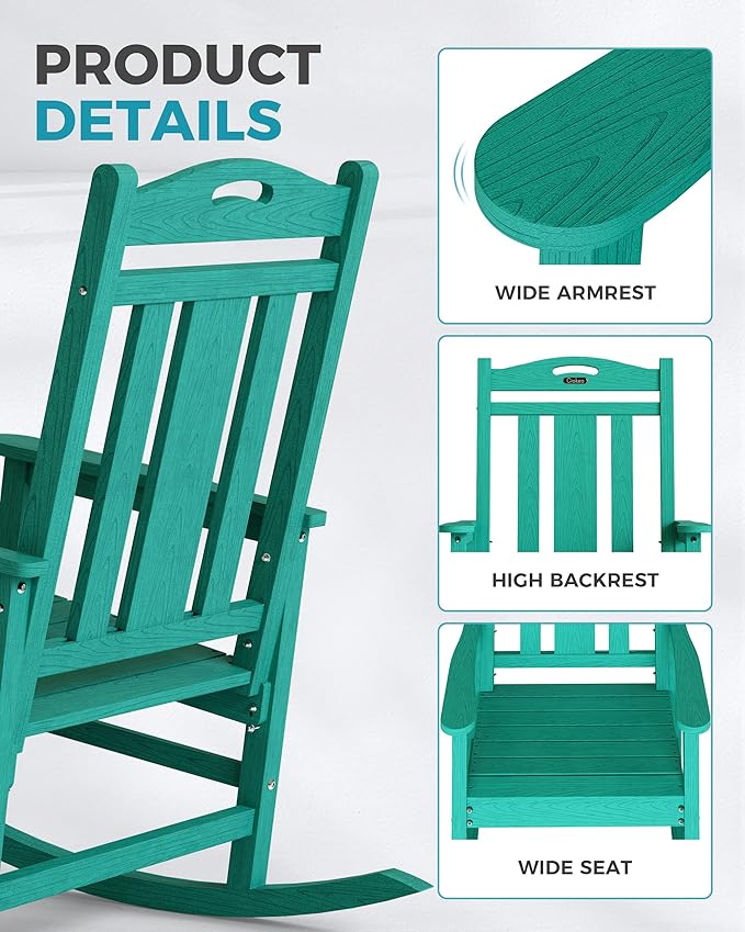 Ciokea Oversized Outdoor Rocking Chairs Set of 3, 380lbs Heavy-Duty Large Patio Rocker, High Back Cozy Porch Chairs, Weather Resistant Patio Rocking Chairs for Outside, Fire Pit, Deck, Aruba Blue
