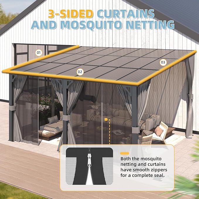 AECOJOY 14' x 12' Gazebo Outdoor Pergola with Curtains and Netting for Patio, Large Wall-Mounted Hardtop 12x14 Lean to Metal Heavy Duty Gazebo, Pergolas and Gazebos Clearance with Patio Roof Awnings