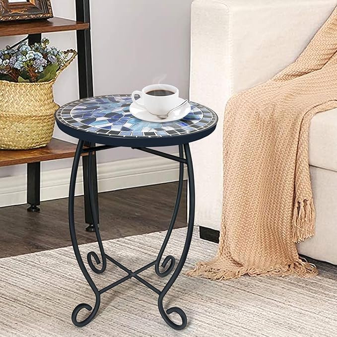 LIFFY Outdoor Side Table,12" Round Ceramic Tile Tabletop Accent Table with Metal Frame, Indoor Small Decorative Plant Stand & End Table for Home, Patio, Garden