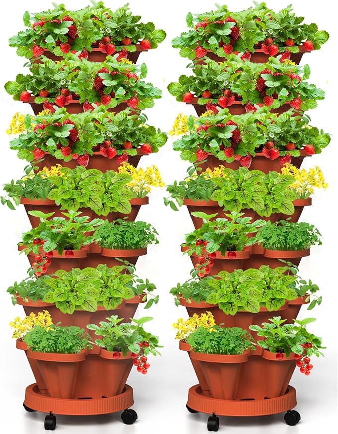 7 Tiered Strawberry Vertical Planter 2 Pack, Stackable Tower Garden Planter Herb Garden Planter with Movable Casters and Bottom Saucer Indoor and Outdoor - Terra Cotta