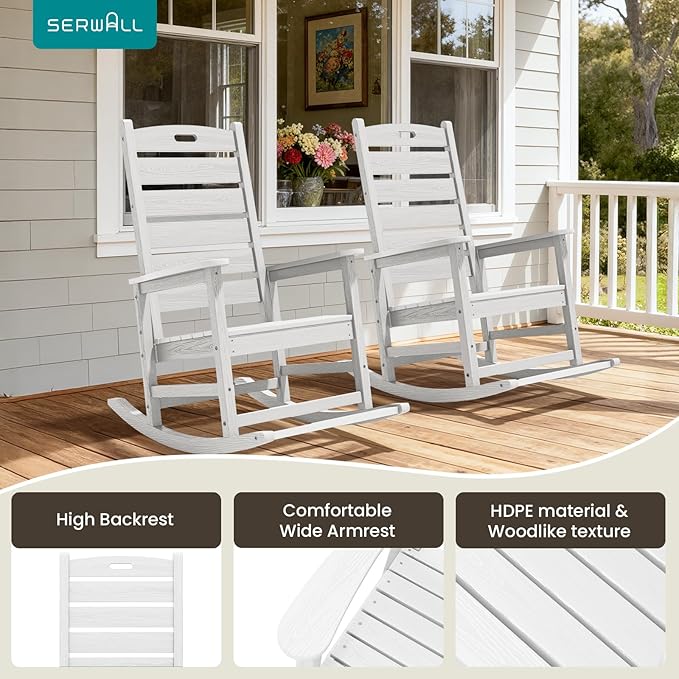 SERWALL HDPE Outdoor Rocking Chair, Oversized Rocking Chair with Footboard, High Back Porch Rocker Chair with 350lbs Support, White