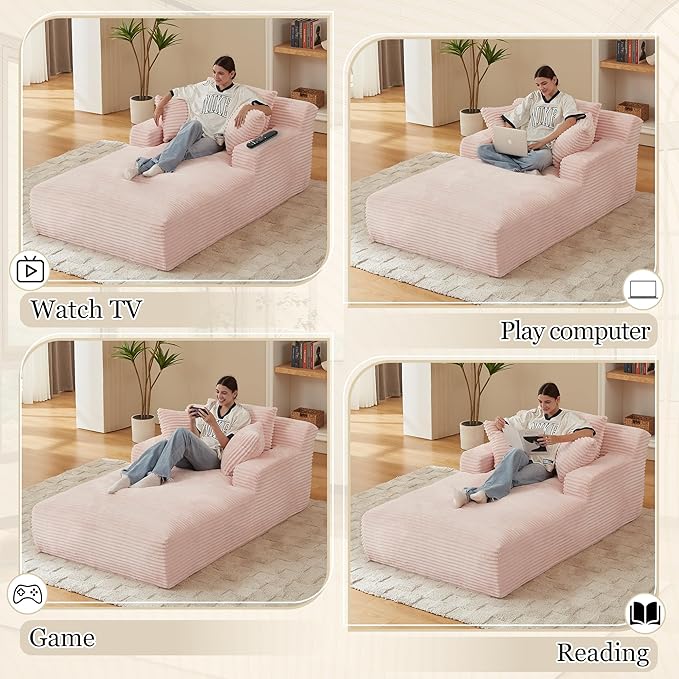Chaise Lounge Chair Indoor, 50 Inch Oversized Corduroy Upholstered Boneless Sofa Bed, Deep Seat Sleeper Couch Reading Chairs, Cloud Sofas Couches for Living Room (Pink, 50" W x 80" D)