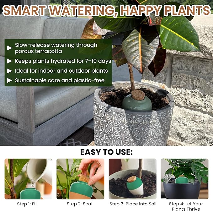 Terracotta Self Watering Planter Insert - Set of 4 Clay Ollas with Slim Bottom for Easy Soil Insertion, Glazed Top, Slow-Release Plant Watering System for Indoor & Outdoor Plants