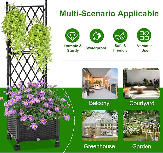 Planter with Trellis Raised Garden Beds, Trellis Planter Box Outdoor Self-Watering for Gardening, Climbing Vegetables, Flowers, Balcony Backyard Patio, Black,1PC