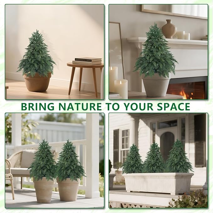 Artificial Cypress Topiary Cedar Trees with Ground Spike, 2 Pieces Fake Pine Shrubs Bushes, UV Resistant Faux Evergreen Tree Plants for Indoor Outdoor Planters Front Porch