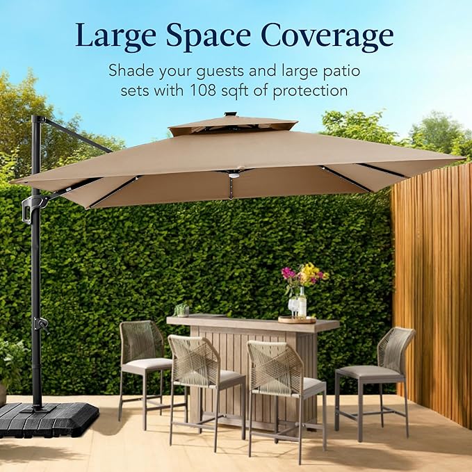 Best Choice Products 9x12ft LED Cantilever Patio Umbrella w/Base Included & 360° Rotation, Large Solar Offset Hanging Outdoor Sun Shade for Deck, Backyard Table w/Stand & Lights – Tan