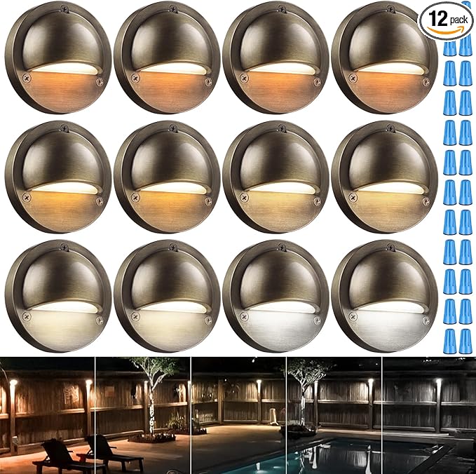 LEONLITE 12-Pack Update 5CCT LED Low Voltage Deck Lights, 180LM 3.74inch Landscape Step Railing Fence Light, 12-24V AC/DC, CRI90, Die-cast Aluminum Housing & Frosted Glass Lens, UL Cord, Bronze