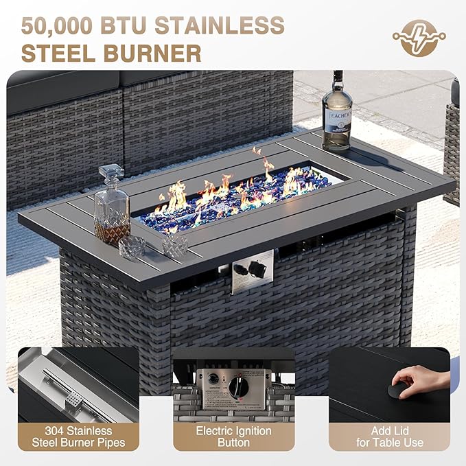 Aoxun Patio Furniture Sets, 8-Piece Outdoor Patio Furniture with 44'' Propane Gas Firepit Table, Wicker Outdoor Conversation Set Sectional Sofa for Backyard, Poolside, Garden
