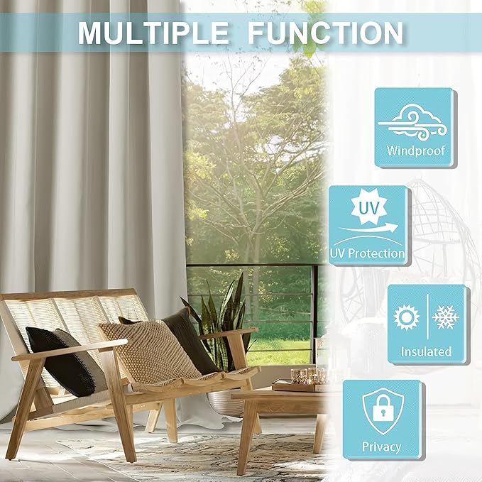 RYB HOME Extra Wide Outdoor Curtains for Patio Waterproof Heavy Duty Thermal Insulated in Summer Full Coverage Privacy for Porch, Cabana & Pool, W150 x L95, Natural, 1 Panel
