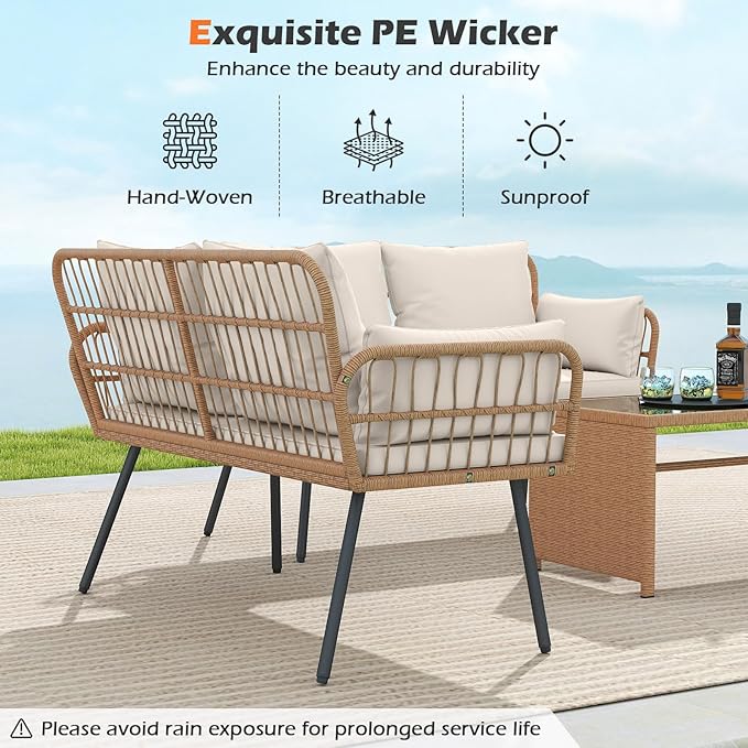 Tangkula Patio Wicker Loveseat, Outdoor Rattan 2-Seat Cushioned Sofa with Heavy Duty Metal Frame, for Backyard,Porch,Poolside (Off White)