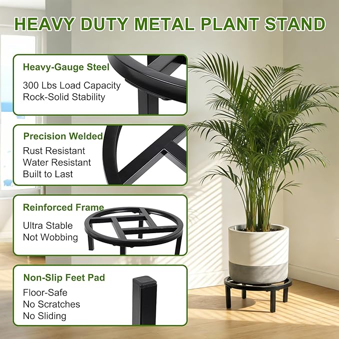 Metal Plant Stand Indoor Outdoor, Heavy Duty Plant Riser, Sturdy Flower Pot Holder Low Planter Stand, Single Flower Pot Stands, Modern Planter Stool for Indoor Plants (Black, 11.8"-2PCS)