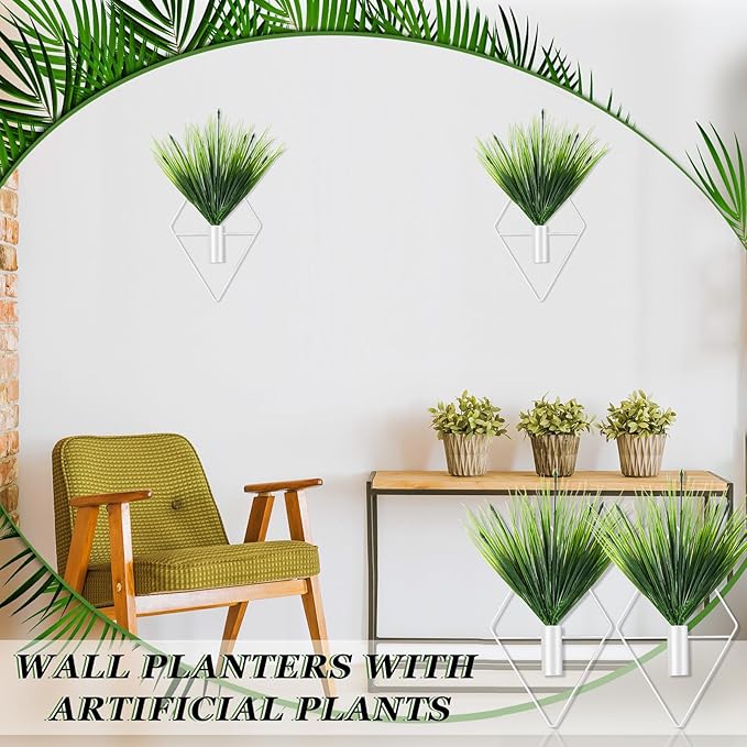 2 Pieces White Wall Decor Hanging Planters with Artificial Plants Metal Hanging Vase Indoor Plants Holder Modern Geometric Wall Art for Bathroom Bedroom Living Room Decor(Aquatic Plant)