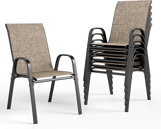 PHI VILLA Patio Chairs Set of 6, Outdoor Stackable Dining Chairs with E-Coating Metal Frame and Upgraded Textilene Fabric, All Weather Deck Chair 350 LBS Capacity for Porch Poolside Garden