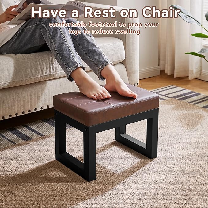 IBUYKE 16 Inch Small Foot Stool Ottoman, Rectangle PU Faux Leather Foot Rest with Padded Seat and Metal Legs, Modern Ottoman Foot Rest for Living Room Bedroom Entryway Couch, Dark Brown WBD026Z