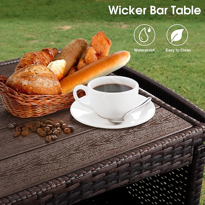 VINGLI Wicker Outdoor Bar Cart with Storage & Rolling Wheels, Patio Bar Table w/Shelf, Outdoor Storage Cabinet Buffet Cabinet Grill Cart for BBQ Pool Patio Kitchen, Brown