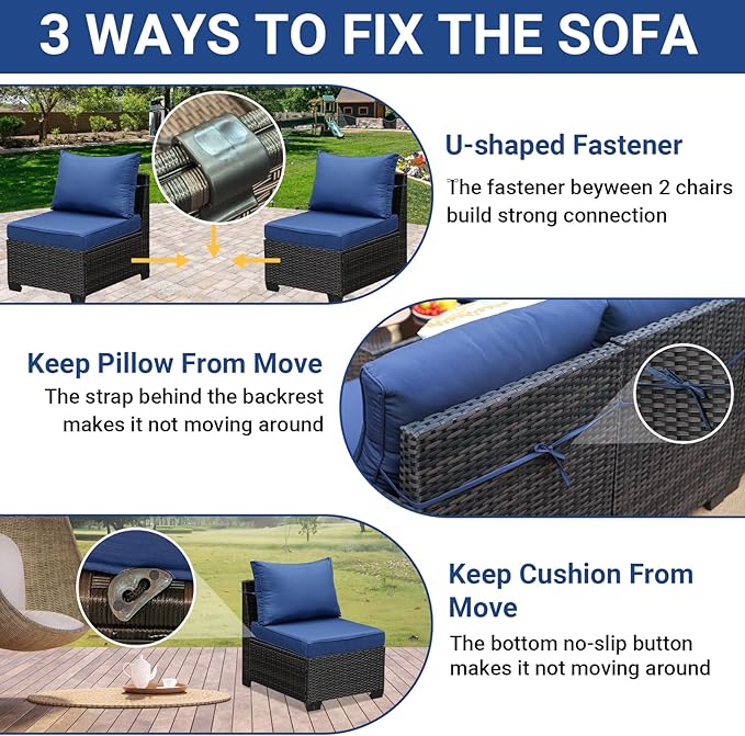 Jing's Villa 9-Piece Patio Furniture Set, All-Weather Outdoor Wicker Sectional Sofa with Cushions, Tempered Glass Table & Ottoman, Rattan Conversation Seating for Porch, Garden, Backyard,Navy