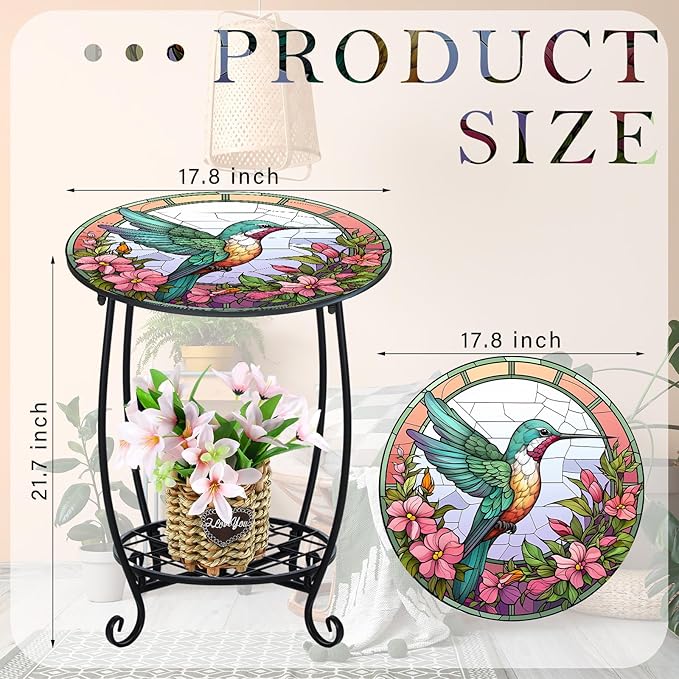 Outdoor Side Table Round Small Mosaic Patio Accent Indoor End Plant Coffee Tea Table for Yard Patio Porch Garden Living Room, Bedroom(Hummingbird Style,18 Inch)