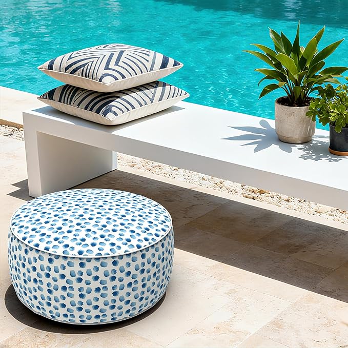 LVTXIII Outdoor Inflatable Ottoman, 21"x21"x9" Patio Fade-Resistant Footrest Stool with Handle, Portable Round Ottoman Pouf for Patio Garden, Camping or Home Use, Brush Blue