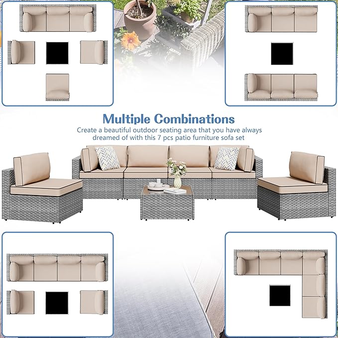 Shintenchi 7 Pieces Outdoor Patio Sectional Sofa Couch, Silver Gray PE Wicker Furniture Conversation Sets with Washable Cushions & Glass Coffee Table for Garden, Poolside, Backyard (Khaki)