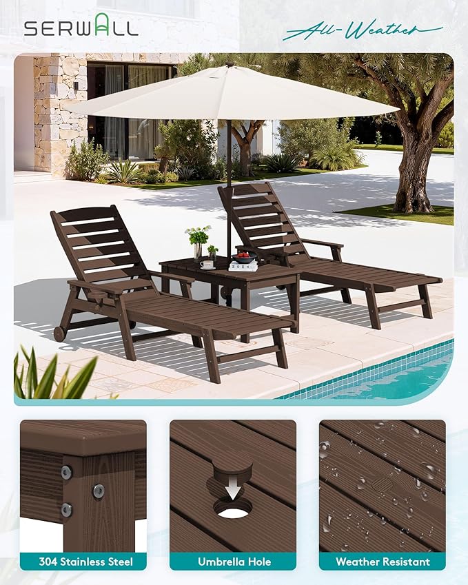 SERWALL Outdoor Coffee Table with 9FT Umbrella, HDPE Patio Coffee Table for Outside, Rectangle, Coffee(Not Include Umbrella Base)