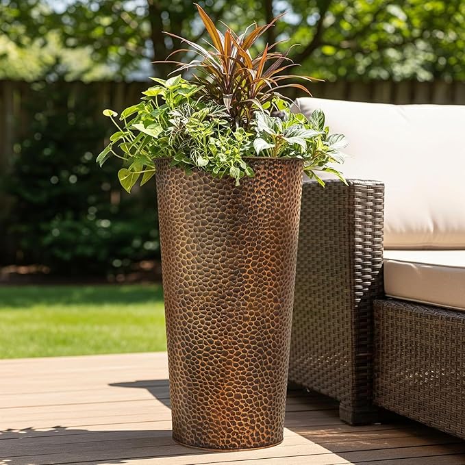 Worth 2 Pack 25" Tall Narrow Metal Planter with Inside Pot for Indoors or Outdoors, Deck, Patio or Front Porch, Hand-Hammered Texture, Bronze