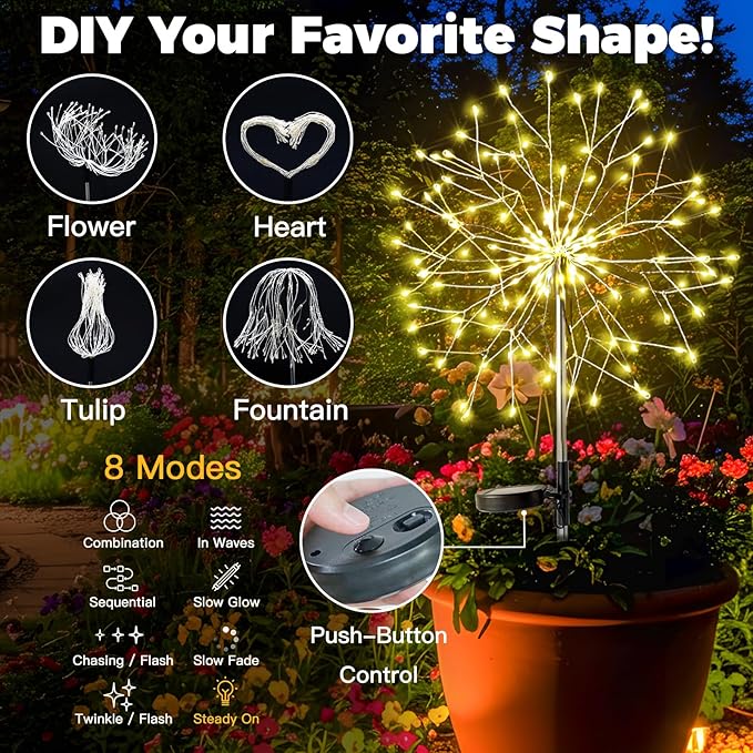 suddus Solar Garden Lights Outdoor Waterproof Decorative, Upgrade 2Pack 150LED Firework Lights, Solar Fairy Lights for Yard, Garden, Party, Patio, Pathway, Flowerbed - Warm White