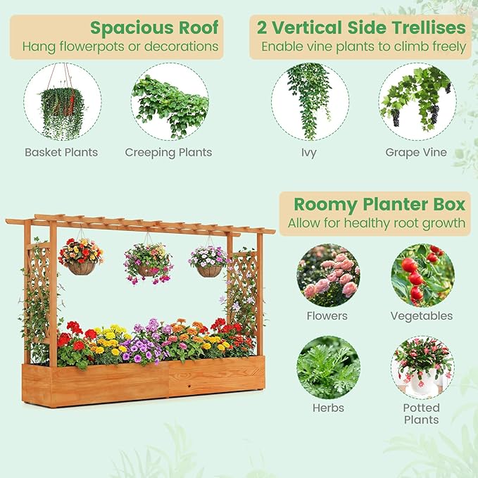 Giantex 2 Pcs Raised Garden Bed with Trellis & Hanging Roof, Wood Planter Box with Bottom & Drainage Holes, Freestanding Garden Planter for Flower Fruit Vegetable Herb Climbing Vine (77"x14.5"x45")