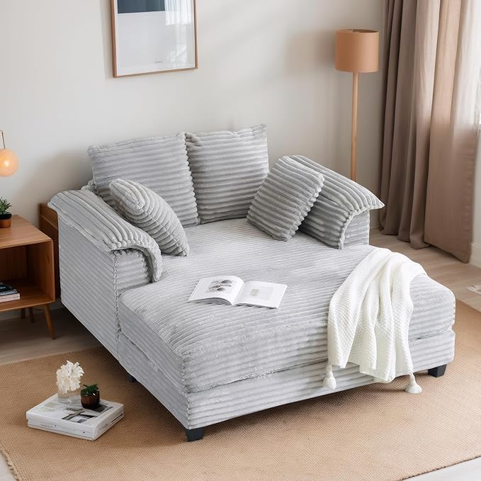 VINGLI 56" Oversized Chaise Lounge Chair, Light Grey Comfy Corduroy Chaise Sofa Recliner Bed Upholstered Sleeper Couch Bed with Throw Pillows and Armrests for Living Room, Movie Room, Bedroom