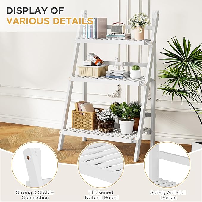 Bamboo Bookshelf 3-Tier Ladder Shelf, 39.4” Freestanding Open Bookcase Book Shelf Bathroom Storage Shelf Unit Plant Stand for Small Space, Living Room, Bedroom, Home Office, White