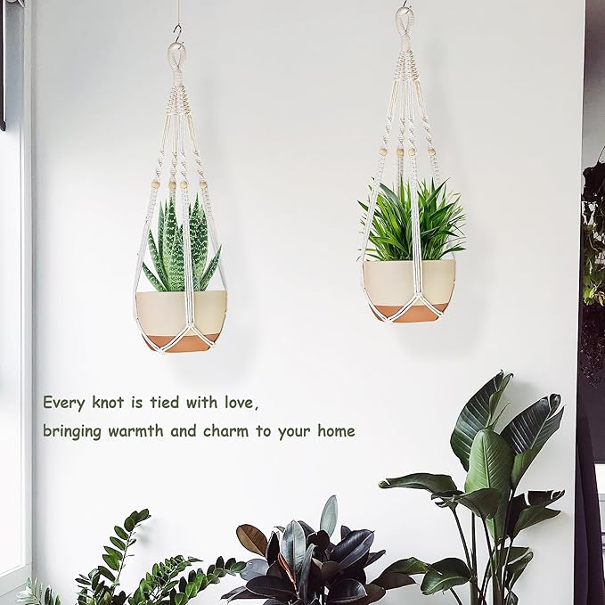35 Inch Macrame Plant Hanger Indoor with Wood Beads and No Tassels,Strong Hanging Planter Flower Pot Holder for Indoor Outdoor Boho Home Decor,Set of 2,Ivory(Pots Not Included)