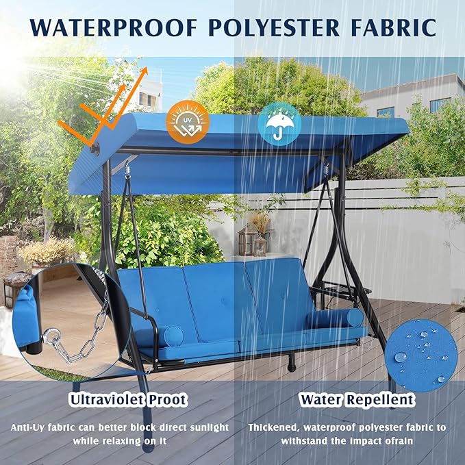 Grepatio Outdoor Porch Swing with Canopy and Stand, 3 Person Patio Swing for Adults, Convertible 2 in 1 Porch Bed Swing with Cup Holder, 3 Seat Swings with 2 Pillow Cushions for Garden, Yard (Blue)