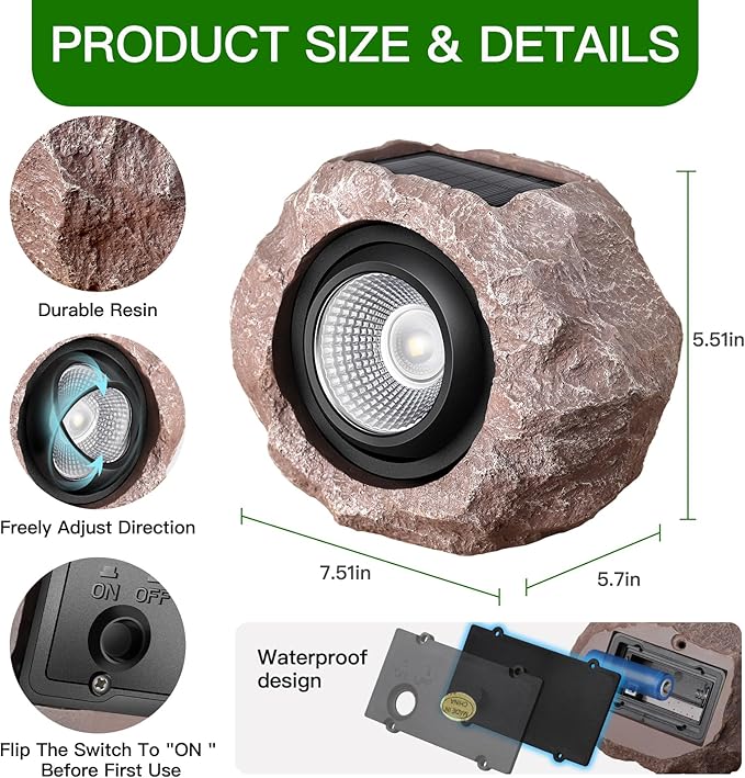 Timeflies Solar Rock Lights Outdoor 1 Pack, Bright Solar Spotlights Outdoor Waterproof, Wireless LED Rock Lights, Auto On/Off Solar Landscape Spotlights for Yard Walkway Patio Pathway Flowerbed