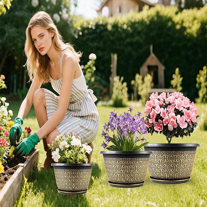 4 Pack 16 Inch Planter,Large Plastic Flower Pots Outdoor Indoor with Drainage Holes & Trays, Retro Antique Imitation Decorative Garden Plant Pots Outdoor for Houseplants