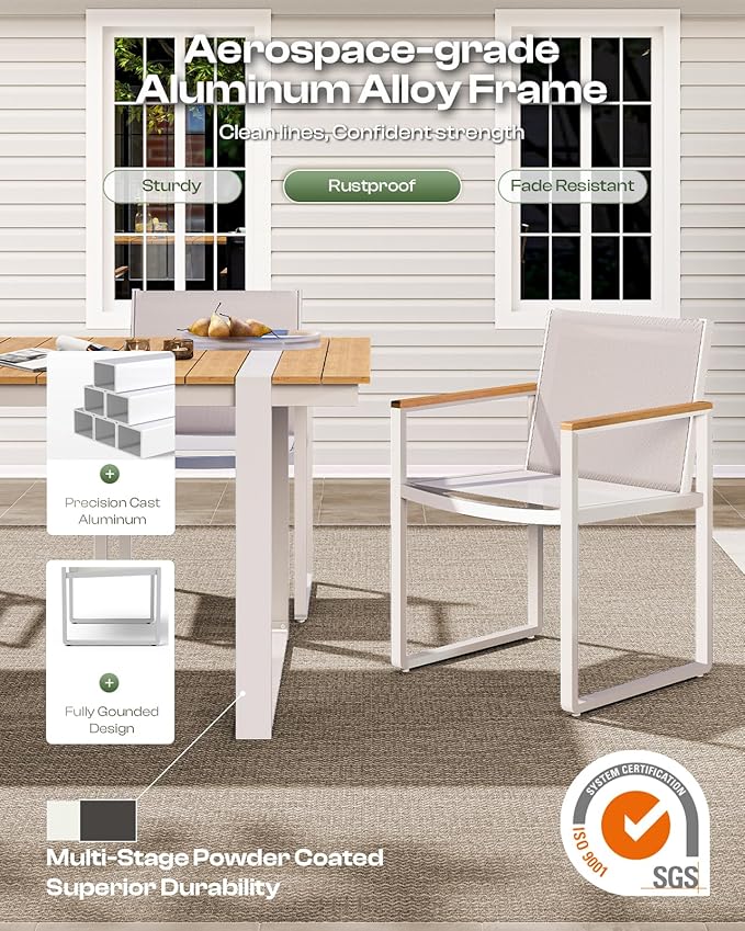 Outdoor Dining Chairs Set of 2, Aluminum Patio Dining Chiars with Textilene Mesh, 2 Piece Outdoor Chiars for Garden, Backyard, Deck (White-Teak)
