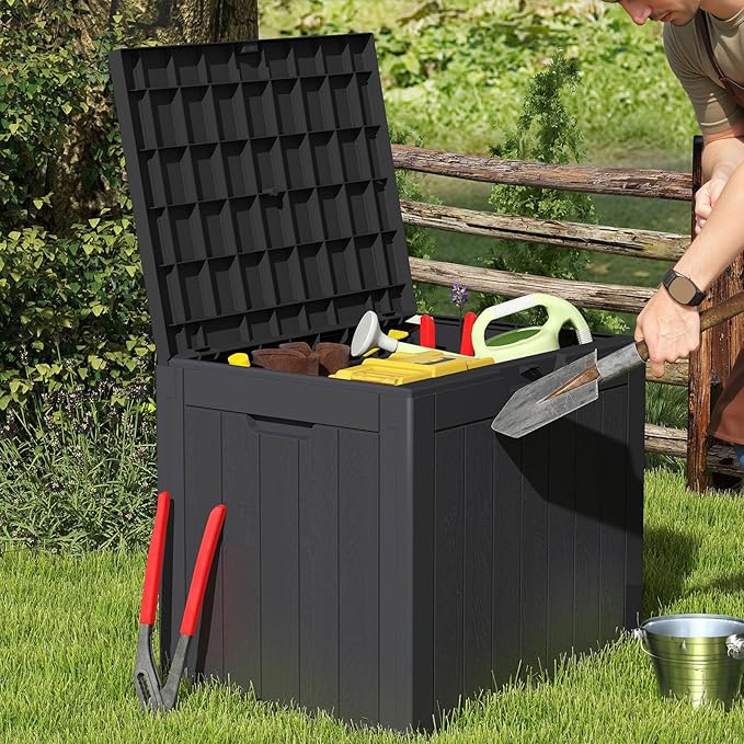 Sweetcrispy Deck Box with 31 Gallon Capacity, Weatherproof Resin Lockable Outdoor Storage for Secure Package Deliveries and Indoor Storage in Garden or Patio, Backyard, Modern Black