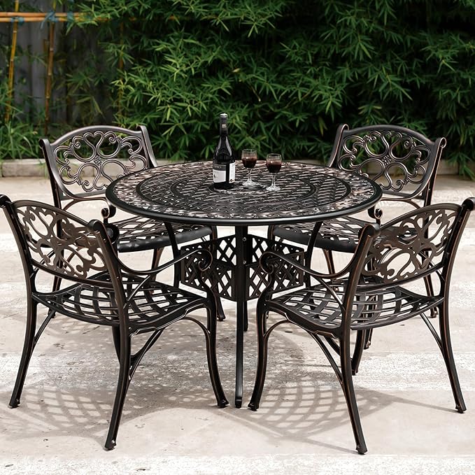 41" Round Patio Dining Table with Umbrella Hole, Outdoor Cast Aluminum Bistro Conversation Outdoor Table for Backyard Porch Pool Balcony Deck