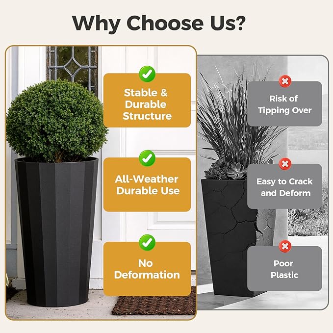 23.6" H Tall Planters for Outdoor Plants, 2 Pack Large Outdoor Planters for Porch Decor with Automatic Drainage Hole, Plastic Stripe Design Flower Pots Fits Indoor Plants Patio Garden, Black