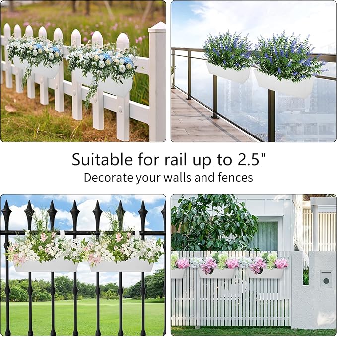 Railing Planters Outdoor Balcony 16 Inch Deck Over The Railing Planter Boxes Hanging Planters for Fence Flower 3 Pcs (White)