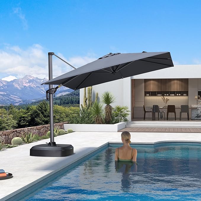 PURPLE LEAF 8' X 8' Patio Umbrella with Wheeled Base for Pool 7' High Offset Outdoor Cantilever Umbrella Swimming Pool Umbrella with 360°Rotation for Poolside Grey