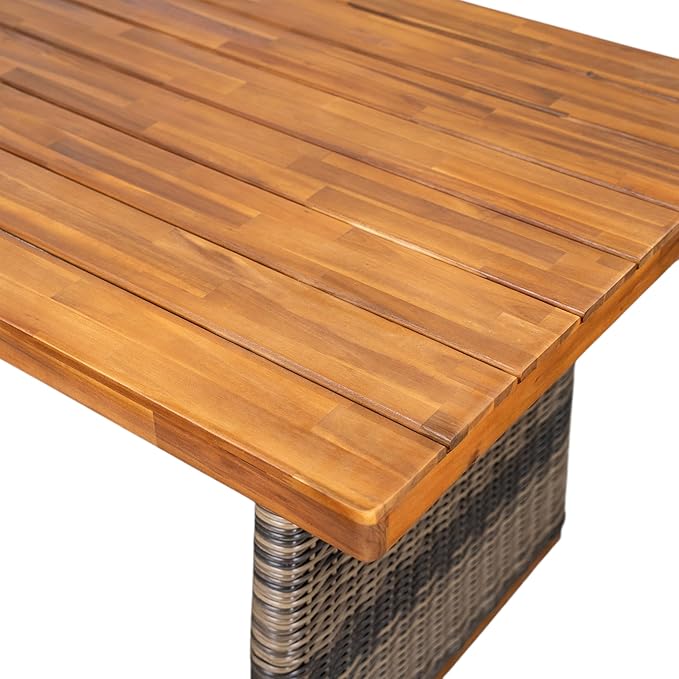 Christopher Knight Home Pasco Acacia Wood Outdoor Dining Table Set for 6, Wicker Patio Dining Set with Acacia Wood Table and Bench, Patio Table and Chair Set with Cushion+Rope Backrest, Teak+Grey