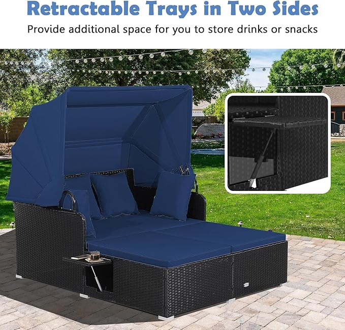 Tangkula Patio Rattan Daybed with Retractable Canopy, Outdoor Wicker Sunbed Lounger with 2 Foldable Side Tables, Thick Seat & Back Cushions, Outside Double Daybed for Garden, Backyard, Porch, Navy
