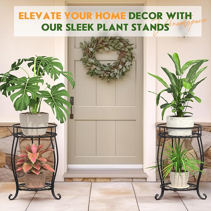 TOSKING 2 Tier Metal Plant Stand Indoor Outdoor , Rustproof Stable Plant Stands Multiple Plant Rack Holder Flower Pot Stand for Living Room Balcony Garden Patio Bedroom (Black, 19.5)