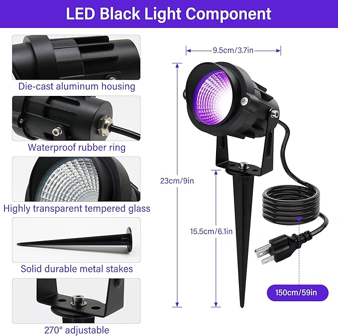Halloween Outdoor Blacklight Spotlight,12W Outdoor Black Lights for Glow Party,Purple LED Landscape Lighting for Yard Garden Poster Bar Decoration,4Pack