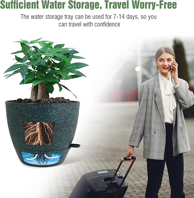 12inch 2Pack Large Self Watering Planters, Plastic Plant Pots with 60oZ Removable Deep Reservoir and Multi Mesh Drainage Holes for Indoor Outdoor Garden Plants and Flowers, Black with Green Speckles