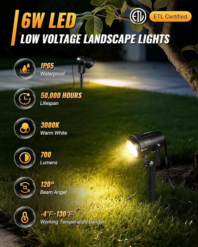 6W 700LM Low Voltage Landscape Lighting, 12V AC/DC 3000K Warm White LED Low Voltage Landscape Lights, IP65 Waterproof Outdoor Spotlights with Connectors for Garden Tree Yard 8 Pack W01SLP806