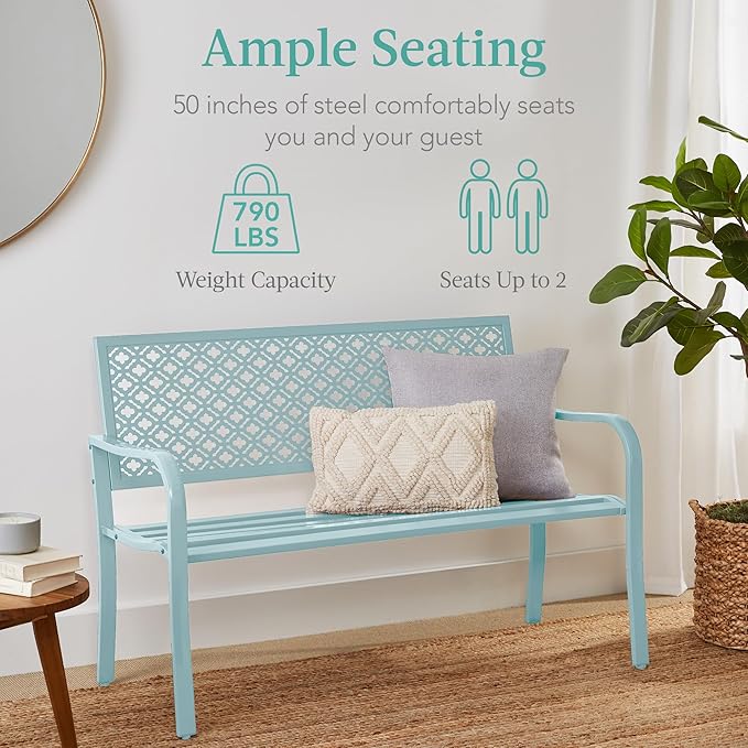 Best Choice Products Outdoor Bench 2-Person Metal Steel Benches Furniture for Garden, Patio, Porch, Entryway w/Geometric Backrest, 790lb Capacity - Sky Blue